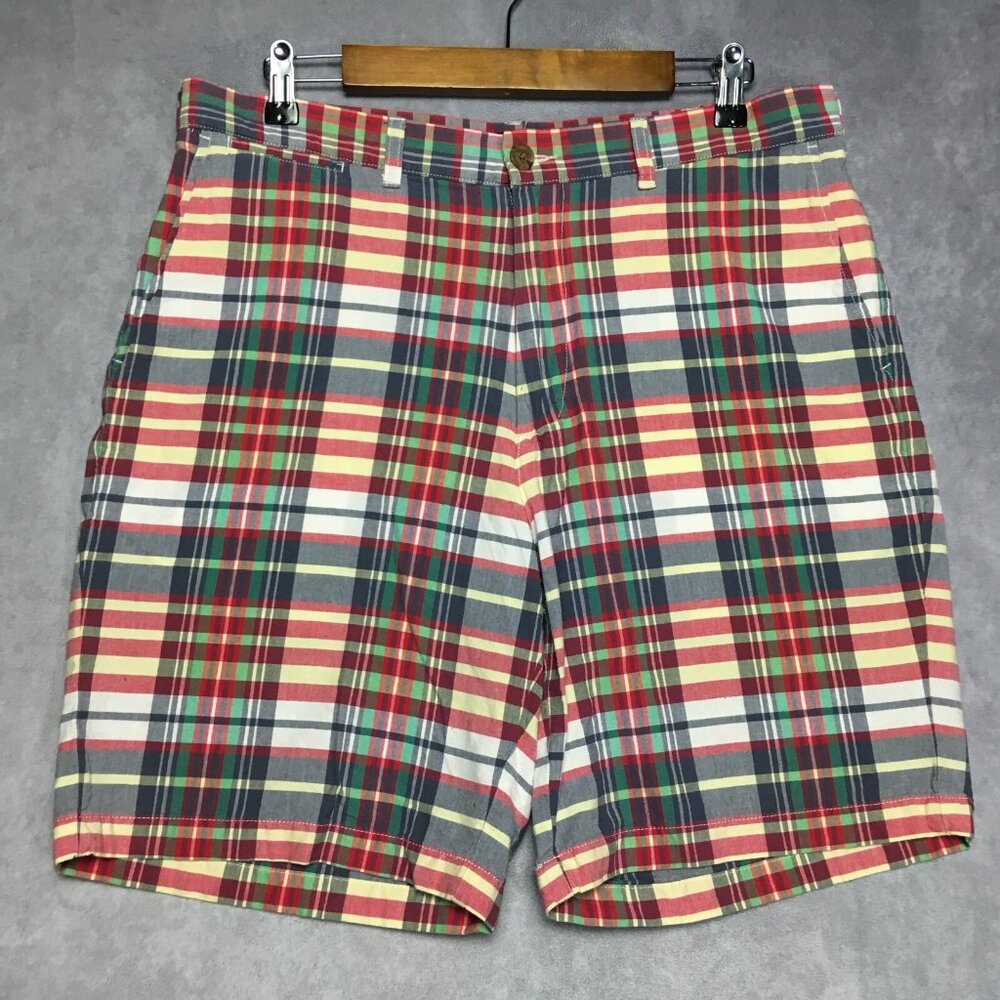 Lands End Mens Plaid Shorts size‎ 35 Cotton Flat Front Traditional Fit Red Green